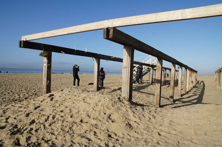 Beach. The substructure of a restaurant. Each year the restaurant is rebuilt in the spring.